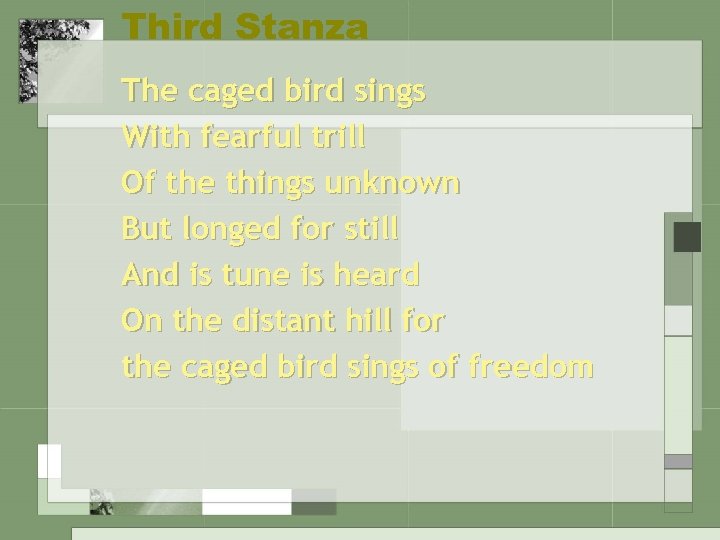 Third Stanza The caged bird sings With fearful trill Of the things unknown But
