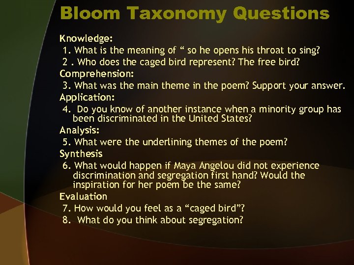 Bloom Taxonomy Questions Knowledge: 1. What is the meaning of “ so he opens