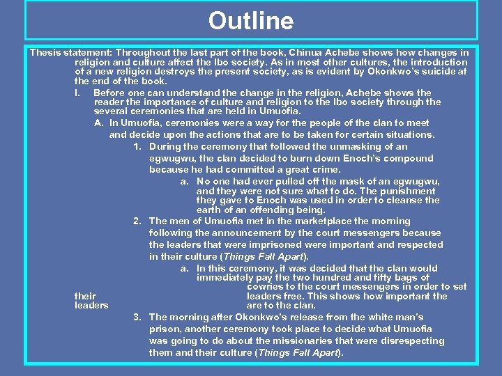 Outline Thesis statement: Throughout the last part of the book, Chinua Achebe shows how