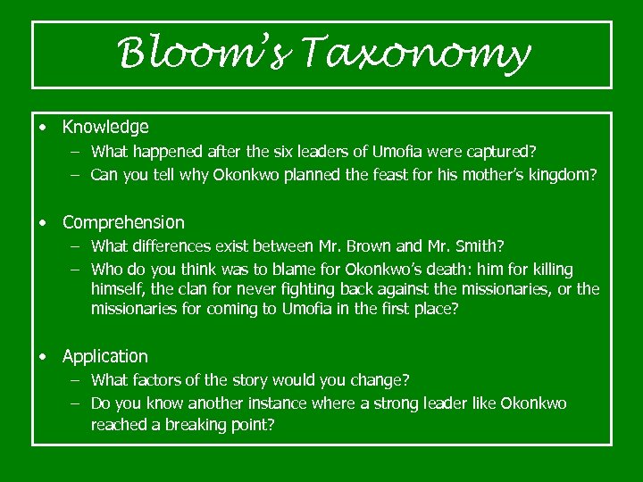 Bloom’s Taxonomy • Knowledge – What happened after the six leaders of Umofia were