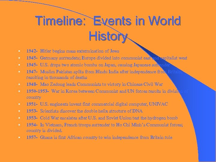 Timeline: Events in World History § § § 1942 - Hitler begins mass extermination