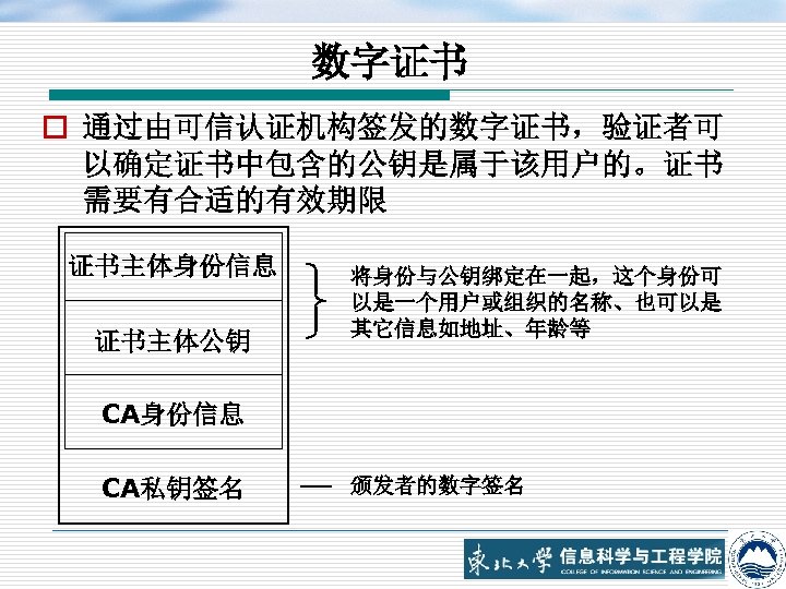 数字证书 o 通过由可信认证机构签发的数字证书，验证者可 以确定证书中包含的公钥是属于该用户的。证书 需要有合适的有效期限 证书主体身份信息 证书主体公钥 将身份与公钥绑定在一起，这个身份可 以是一个用户或组织的名称、也可以是 其它信息如地址、年龄等 CA身份信息 CA私钥签名 颁发者的数字签名 