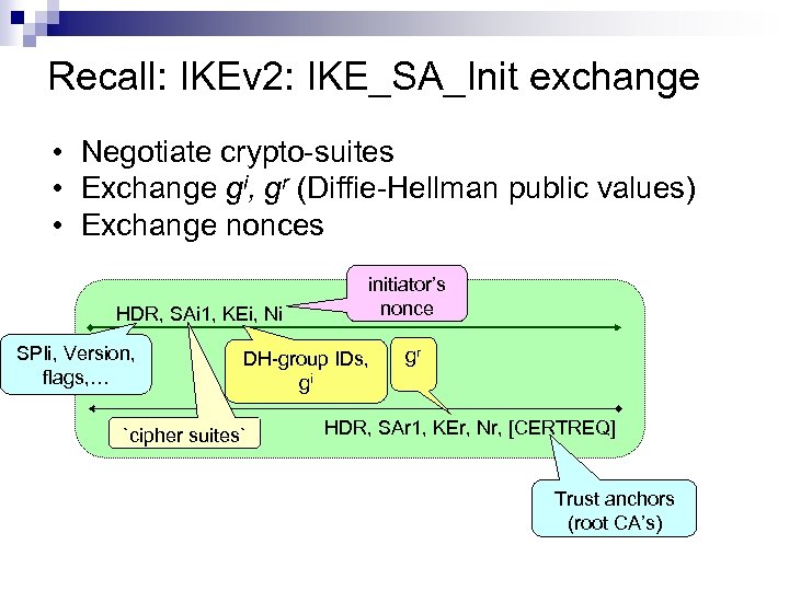 Recall: IKEv 2: IKE_SA_Init exchange • Negotiate crypto-suites • Exchange gi, gr (Diffie-Hellman public