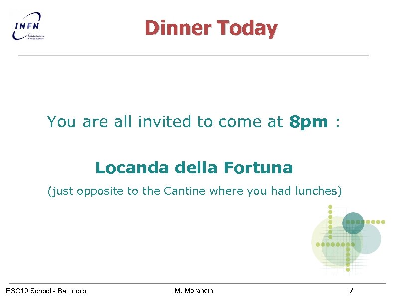 Dinner Today You are all invited to come at 8 pm : Locanda della