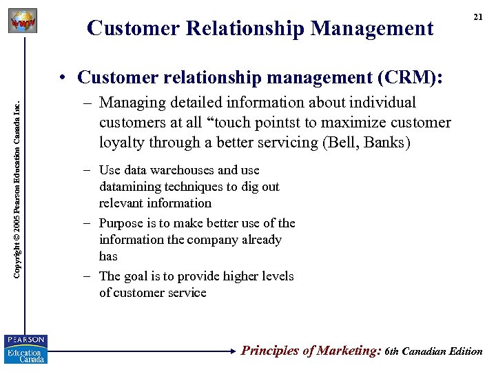 Customer Relationship Management 21 Copyright © 2005 Pearson Education Canada Inc. • Customer relationship