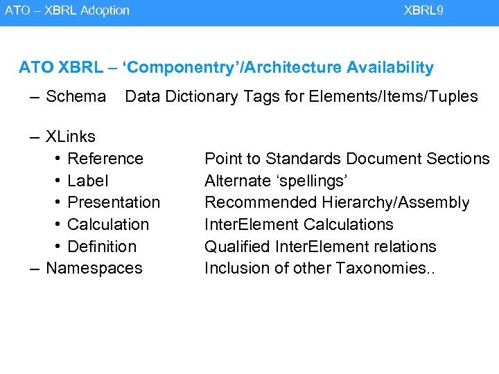 ATO – XBRL Adoption XBRL 9 ATO XBRL – ‘Componentry’/Architecture Availability – Schema Data