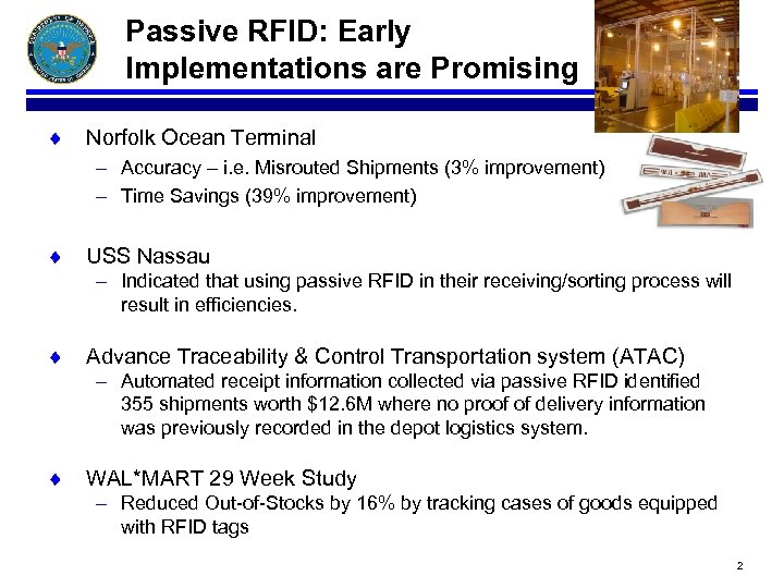 Passive RFID: Early Implementations are Promising ¨ Norfolk Ocean Terminal – Accuracy – i.