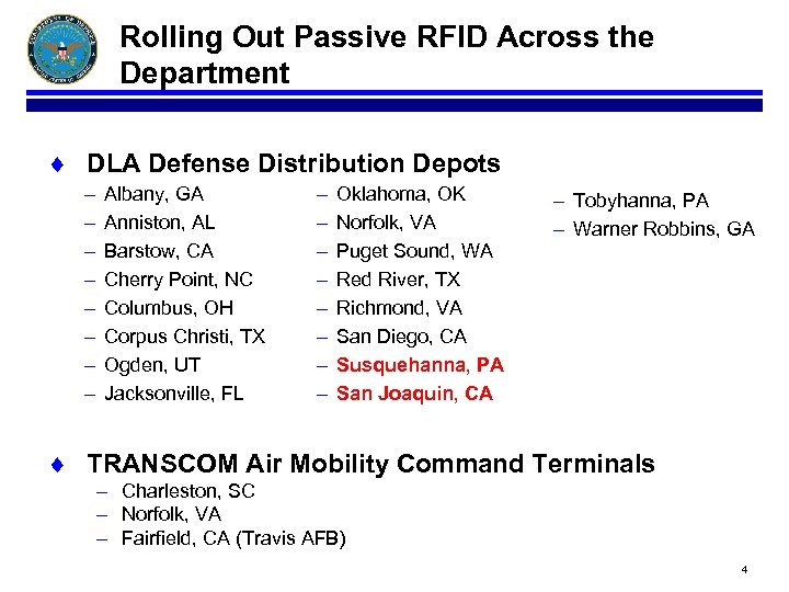 Rolling Out Passive RFID Across the Department ¨ DLA Defense Distribution Depots – –