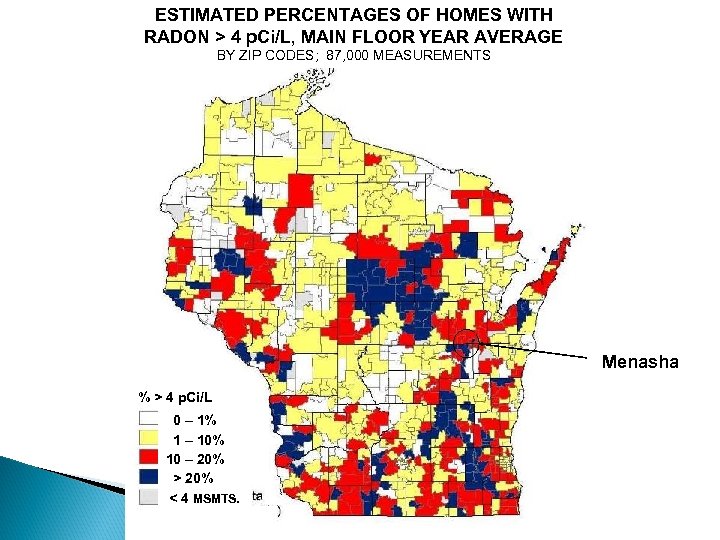 ESTIMATED PERCENTAGES OF HOMES WITH RADON > 4 p. Ci/L, MAIN FLOOR YEAR AVERAGE