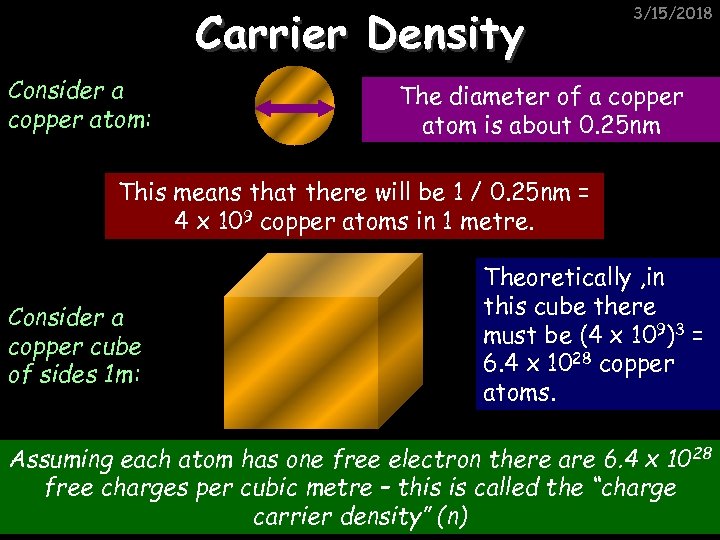 Carrier Density Consider a copper atom: 3/15/2018 The diameter of a copper atom is