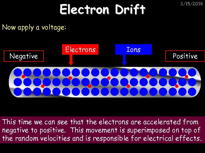 Electron Drift 3/15/2018 Now apply a voltage: Negative Electrons Ions Positive This time we