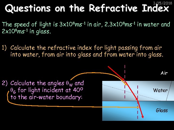 3/15/2018 Questions on the Refractive Index The speed of light is 3 x 108