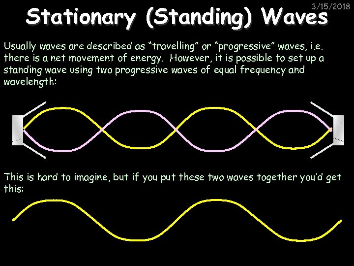 Stationary (Standing) Waves 3/15/2018 Usually waves are described as “travelling” or “progressive” waves, i.