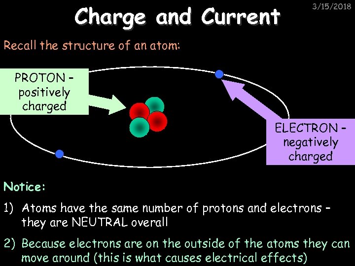 Charge and Current 3/15/2018 Recall the structure of an atom: PROTON – positively charged