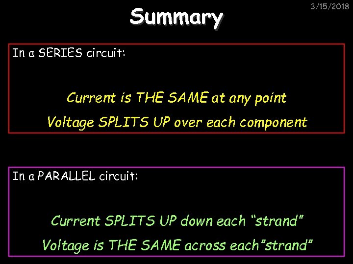 Summary 3/15/2018 In a SERIES circuit: Current is THE SAME at any point Voltage