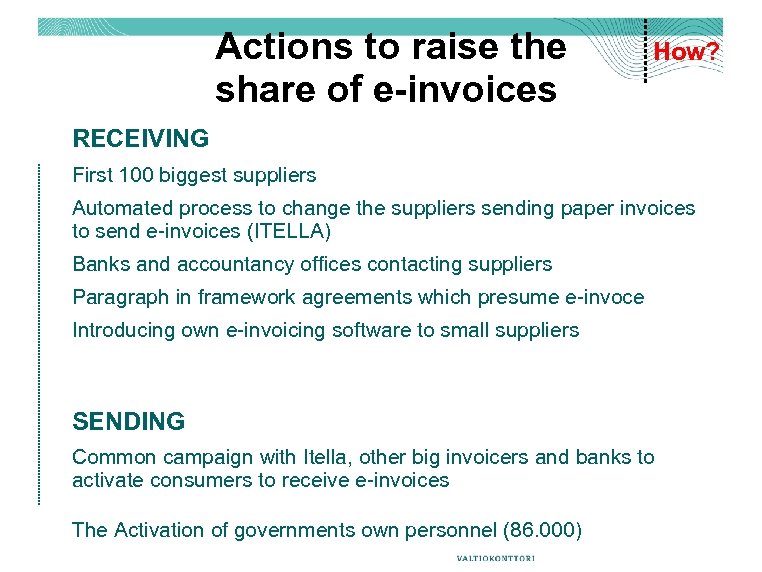 Actions to raise the share of e-invoices How? RECEIVING First 100 biggest suppliers Automated