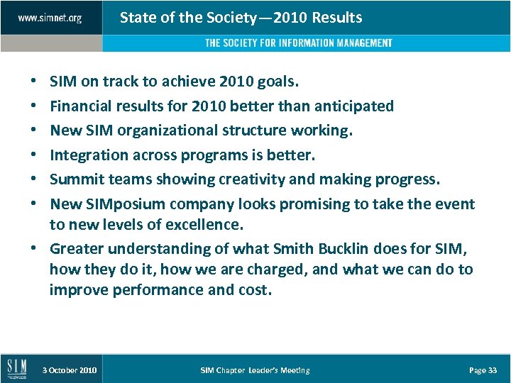 State of the Society— 2010 Results SIM on track to achieve 2010 goals. Financial