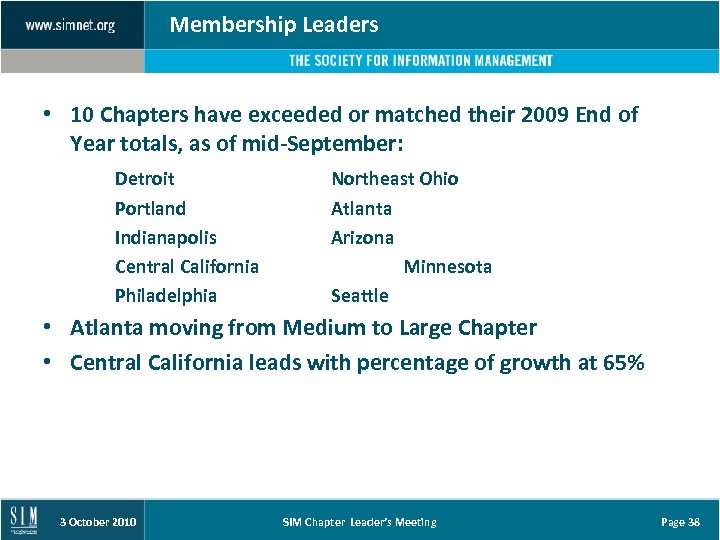Membership Leaders • 10 Chapters have exceeded or matched their 2009 End of Year