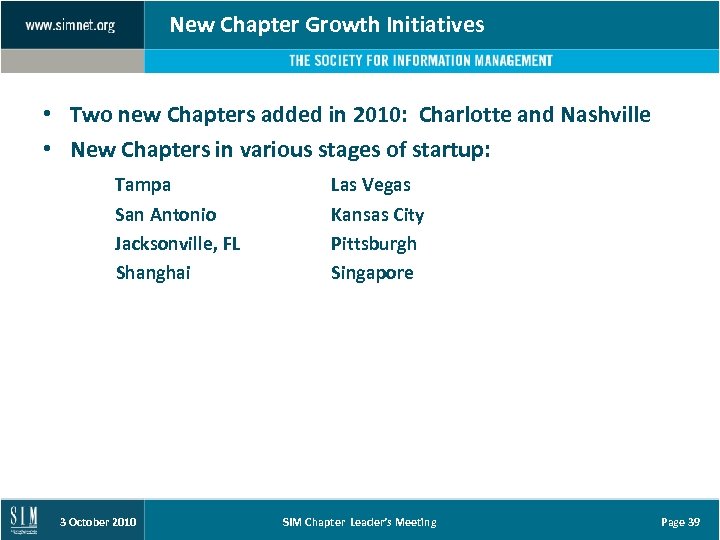 New Chapter Growth Initiatives • Two new Chapters added in 2010: Charlotte and Nashville
