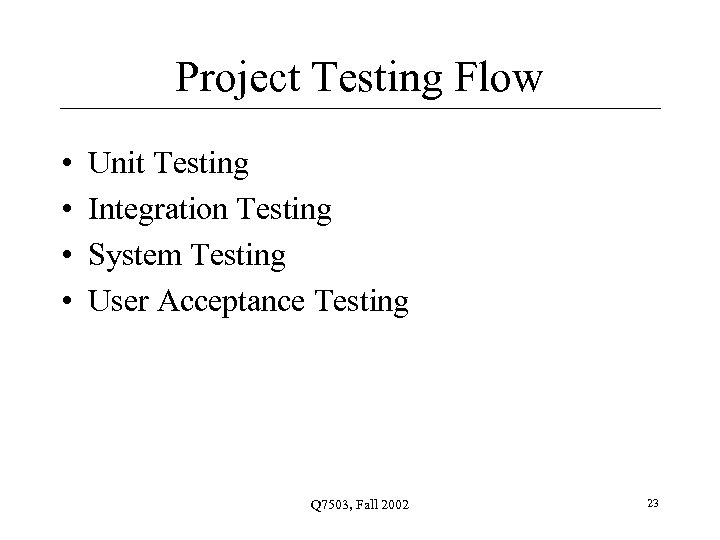Project Testing Flow • • Unit Testing Integration Testing System Testing User Acceptance Testing