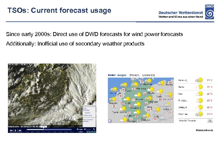 TSOs: Current forecast usage Since early 2000 s: Direct use of DWD forecasts for