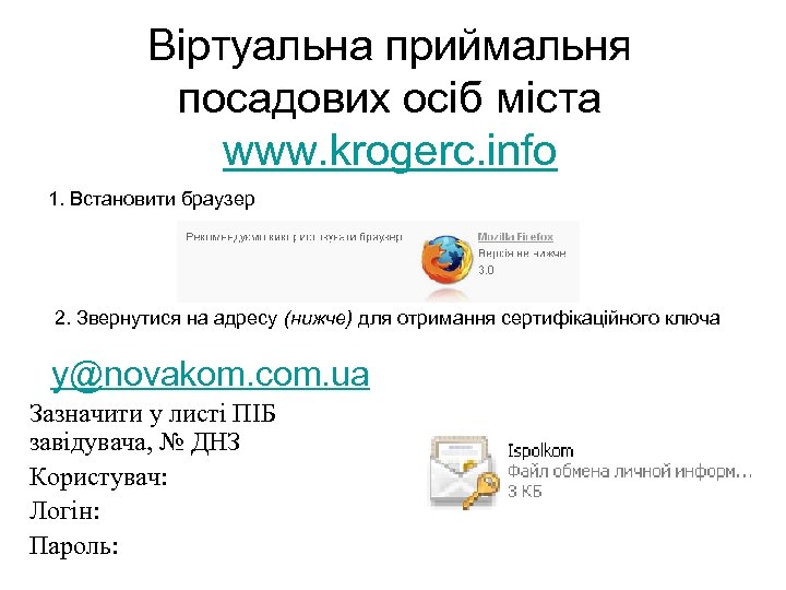 Віртуальна приймальня посадових осіб міста www. krogerc. info 1. Встановити браузер 2. Звернутися на