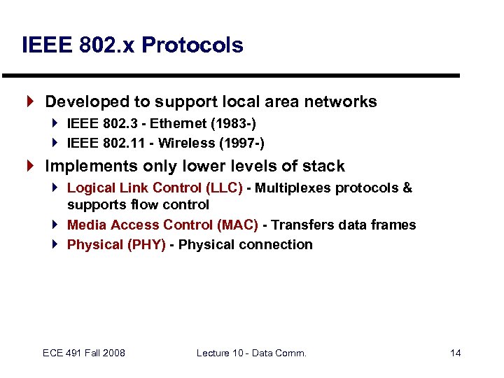 IEEE 802. x Protocols } Developed to support local area networks } IEEE 802.