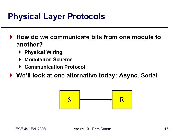 Physical Layer Protocols } How do we communicate bits from one module to another?