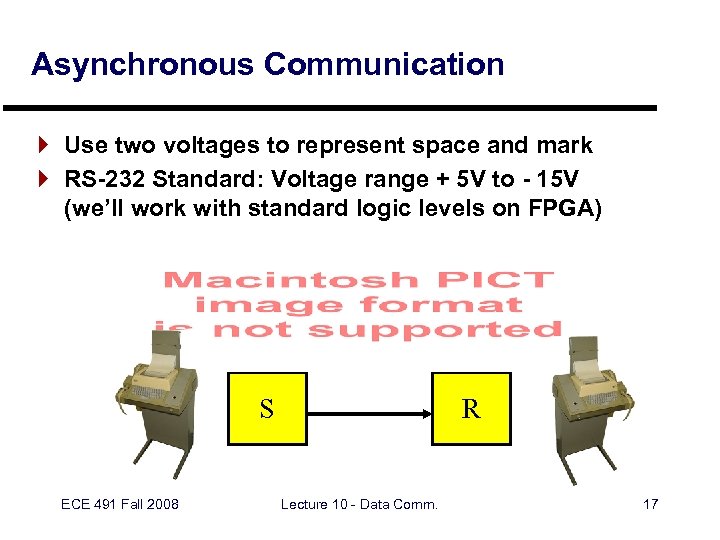 Asynchronous Communication } Use two voltages to represent space and mark } RS-232 Standard: