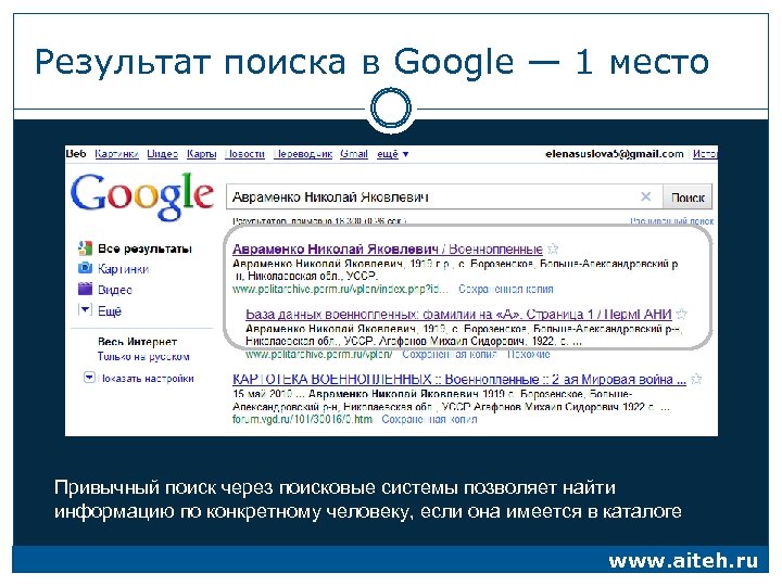 Результат поиска в Google — 1 место Привычный поиск через поисковые системы позволяет найти