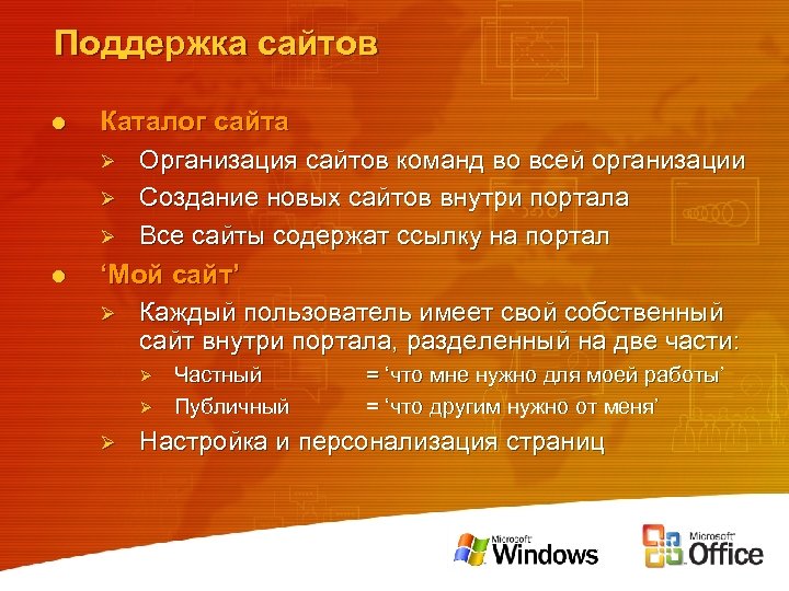 Поддержка сайтов l l Каталог сайта Ø Организация сайтов команд во всей организации Ø