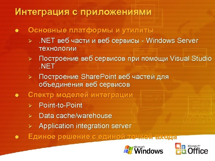 Интеграция с приложениями l l l Основные платформы и утилиты Ø. NET веб части