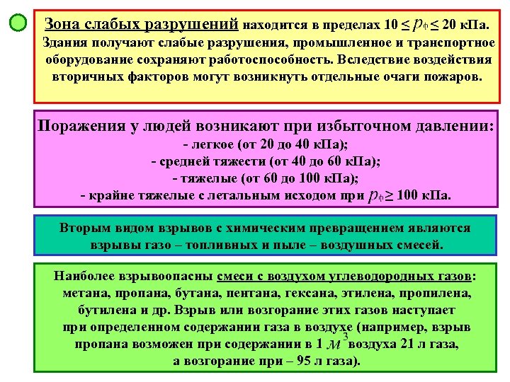 Зона слабых разрушений находится в пределах 10 ≤ ≤ 20 к. Па. Здания получают
