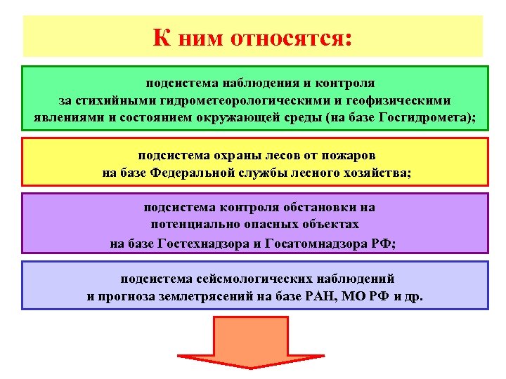 К ним относятся: подсистема наблюдения и контроля за стихийными гидрометеорологическими и геофизическими явлениями и