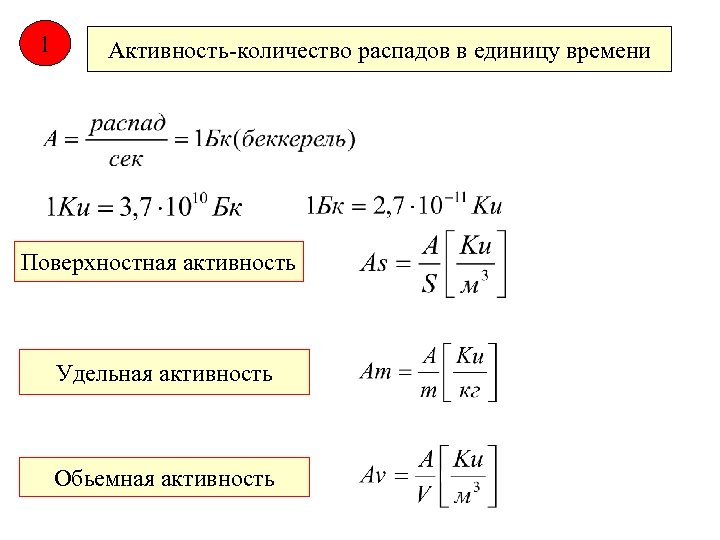 1 Активность-количество распадов в единицу времени Поверхностная активность Удельная активность Обьемная активность 