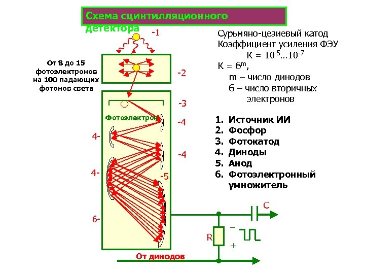 Схема сцинтилляционного детектора -1 Сурьмяно-цезиевый катод От 8 до 15 фотоэлектронов на 100 падающих