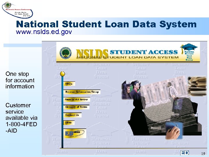 National Student Loan Data System www. nslds. ed. gov One stop for account information