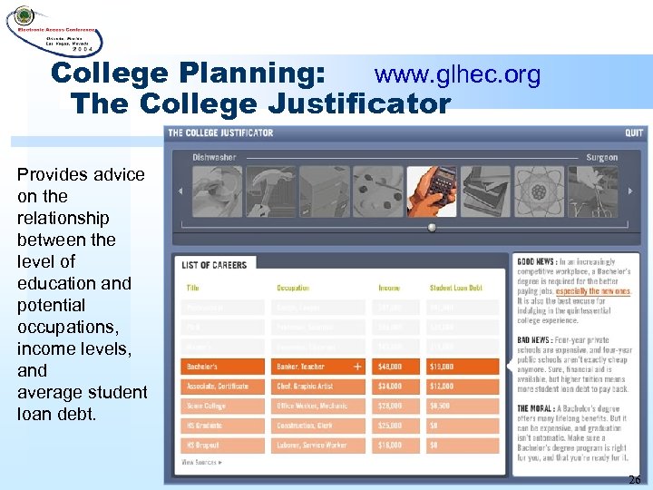 College Planning: www. glhec. org The College Justificator Provides advice on the relationship between