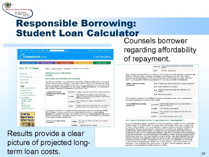 Responsible Borrowing: Student Loan Calculator Counsels borrower regarding affordability of repayment. Results provide a