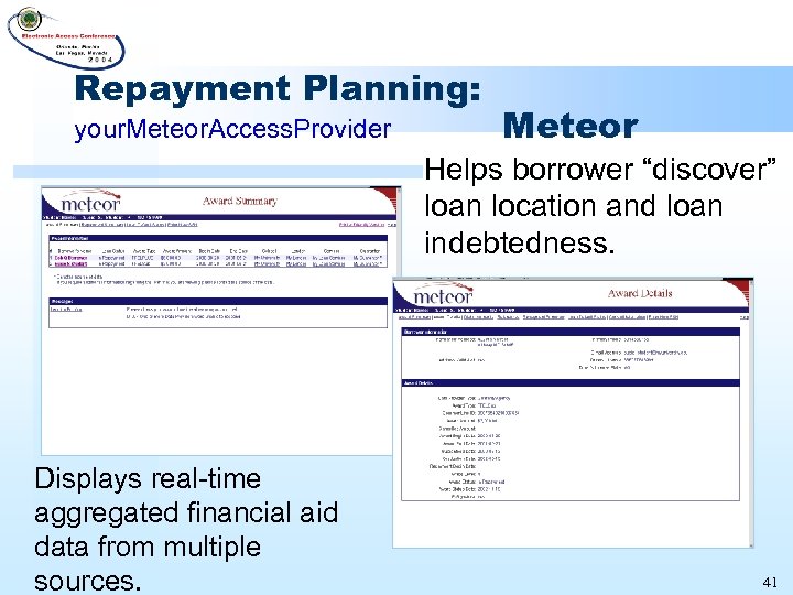 Repayment Planning: your. Meteor. Access. Provider Meteor Helps borrower “discover” loan location and loan