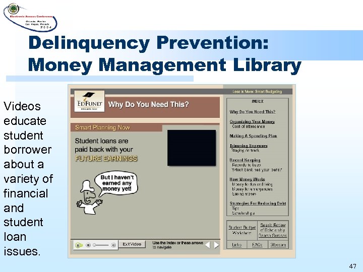 Delinquency Prevention: Money Management Library Videos educate student borrower about a variety of financial