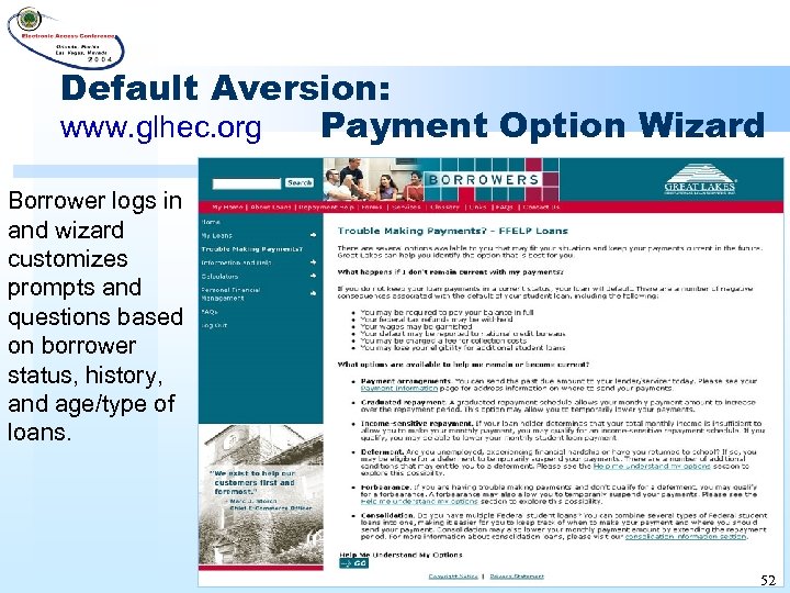 Default Aversion: www. glhec. org Payment Option Wizard Borrower logs in and wizard customizes