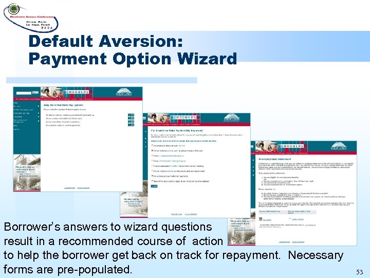 Default Aversion: Payment Option Wizard Borrower’s answers to wizard questions result in a recommended