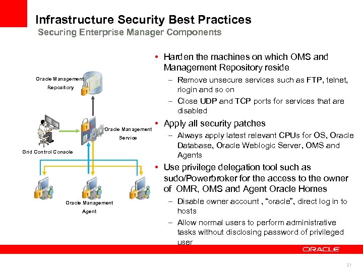 Infrastructure Security Best Practices Securing Enterprise Manager Components • Harden the machines on which