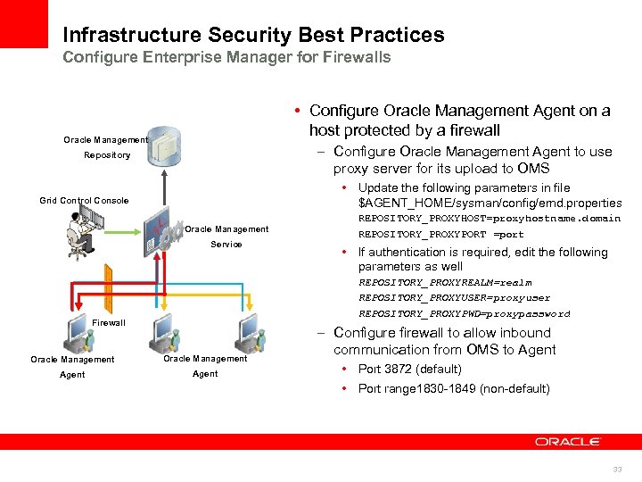 Infrastructure Security Best Practices Configure Enterprise Manager for Firewalls • Configure Oracle Management Agent