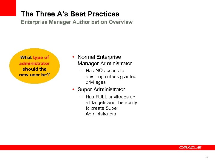 The Three A’s Best Practices Enterprise Manager Authorization Overview What type of administrator should