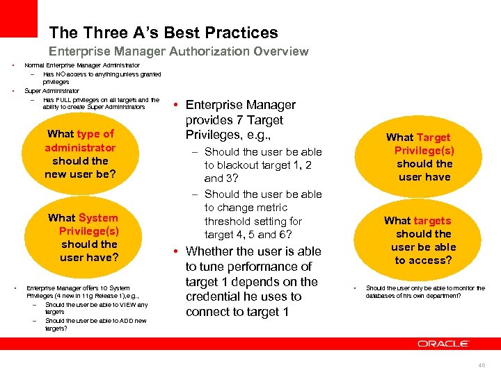 The Three A’s Best Practices Enterprise Manager Authorization Overview • • Normal Enterprise Manager