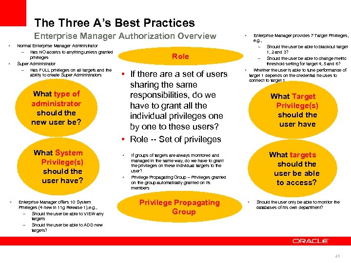 The Three A’s Best Practices Enterprise Manager Authorization Overview • • Normal Enterprise Manager