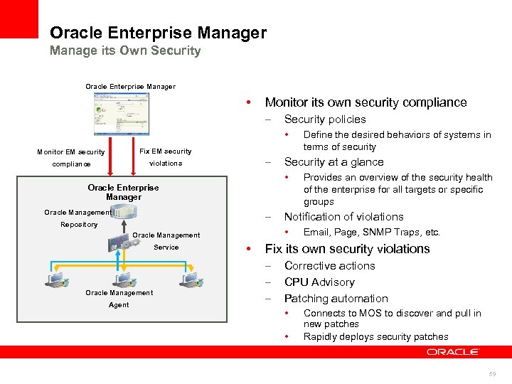 Oracle Enterprise Manager Manage its Own Security Oracle Enterprise Manager • Monitor its own