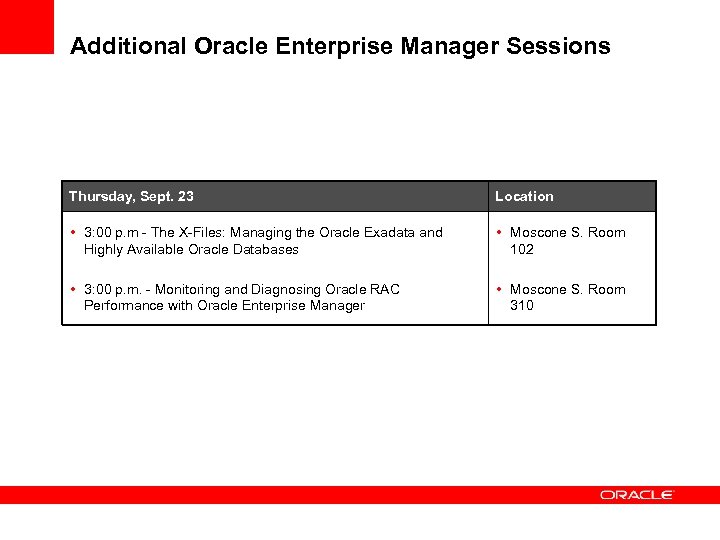 Additional Oracle Enterprise Manager Sessions Thursday, Sept. 23 Location • 3: 00 p. m